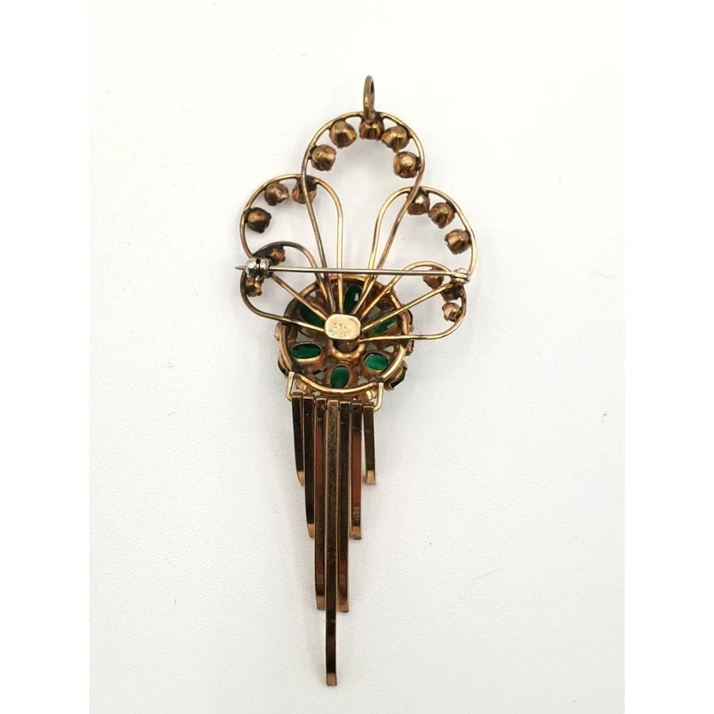 Vtg M&S Gold‎ Filled Brooch Screw Back Earrings Green Crystal Articulated Fringe